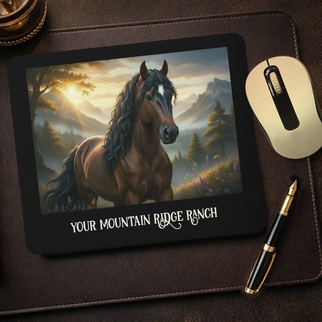 Tapis De Souris Cheval Mystique Nom Personnalisé Ranch Montagnard (Equestrian mouse pad featuring a unique painting of a horse in a mountain landscape at sunset)