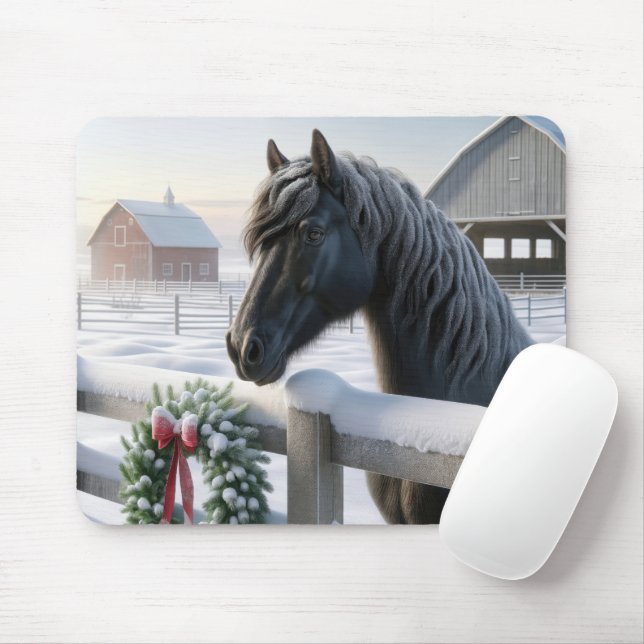 Tapis De Souris Cheval Noir avec couronne de Noël (Avec souris)
