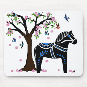 Tapis De Souris Cheval noir/blanc/bleu folklorique de Dala, oiseau