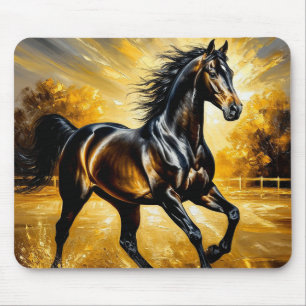 Tapis De Souris Cheval noir traversant l'eau au coucher du soleil 