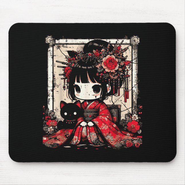 Tapis De Souris Chibi Kimono Girl Black Cat Flowers Japanese Art W (Devant)