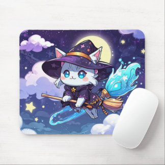 Tapis De Souris Chibi Witch Cat Flying in Starry Sky – Kawaii Magi