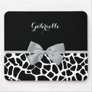 Tapis De Souris Chic Black and White Giraffe Print Silver Gray Bow
