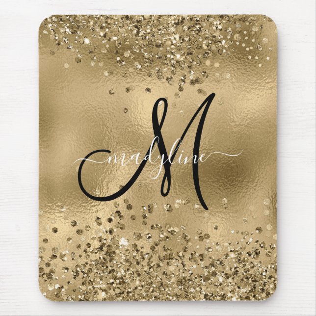Tapis De Souris Chic Black Gold Parties scintillant Nom du monogra (Devant)
