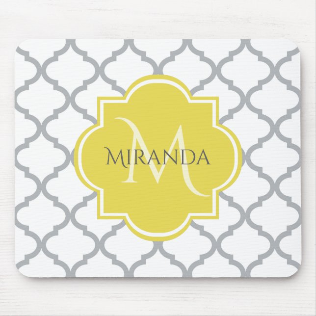 Tapis De Souris Chic Blanc Gris Quatrefoil Jaune Nom Monogramme (Devant)