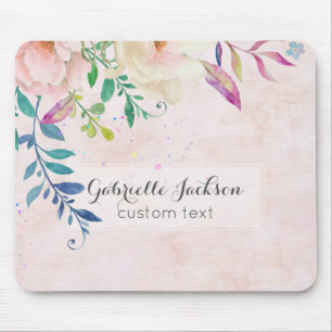 Tapis De Souris Chic Blush Aquarelle Florale Monogramme Texte pers