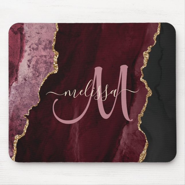 Tapis De Souris Chic Bourgogne Or Agate Script Personnalisé Monogr (Devant)