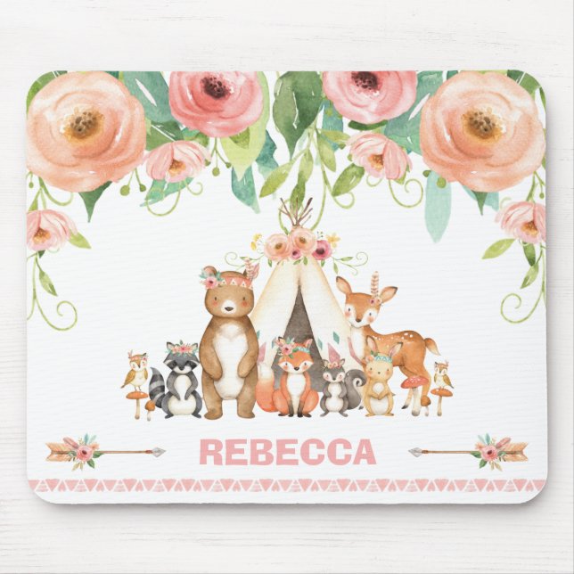 Tapis De Souris Chic Cute Woodland Animaux Floral Boho Tribal (Devant)