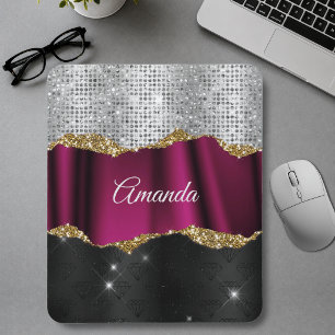Tapis De Souris Chic faux argent paillettes Fuchsia monogramme noi