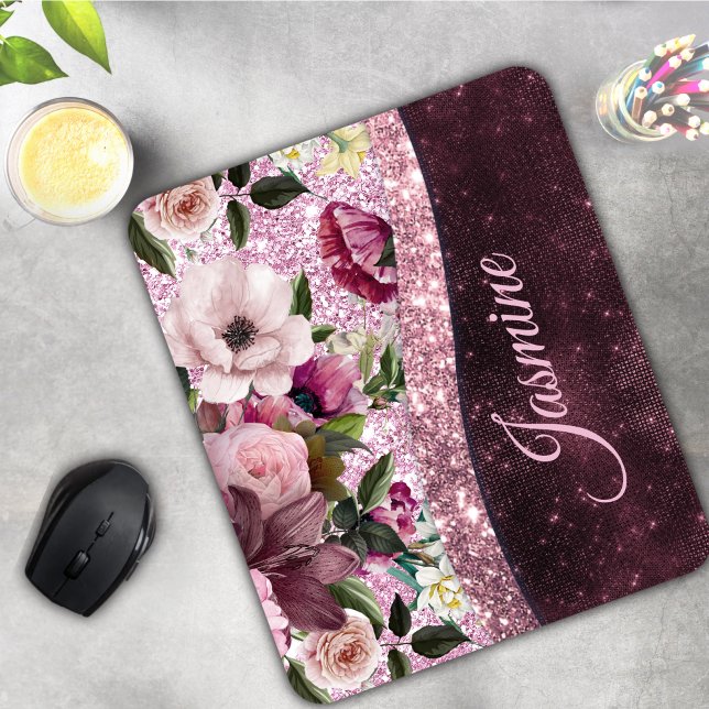 Tapis De Souris Chic floral Bourgogne rose violet parties scintill (Créateur téléchargé)