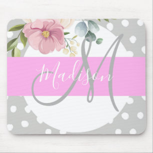 Tapis De Souris Chic & Girl Floral White Pink Gray Nom du monogram