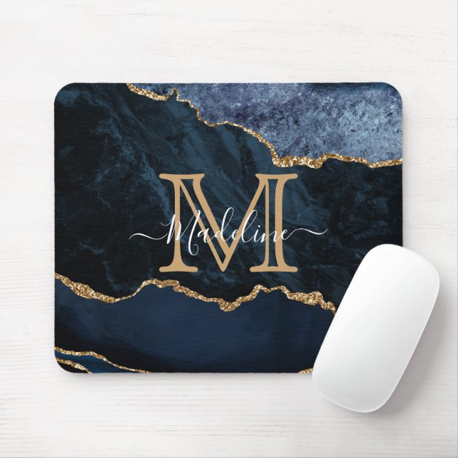 Tapis De Souris Chic Marbre Agate Géode Marine Blue Gold Monogramm (Avec souris)