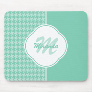 Tapis De Souris Chic Mint Green Houndstooth avec Monogramme et nom