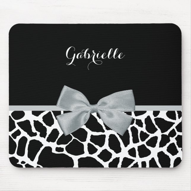 Tapis De Souris Chic noir et blanc Giraffe Imprimer Argent Gris Bo (Devant)