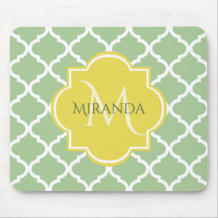 Tapis De Souris Chic Pastel Green Quatrefoil Jaune Nom Monogramme