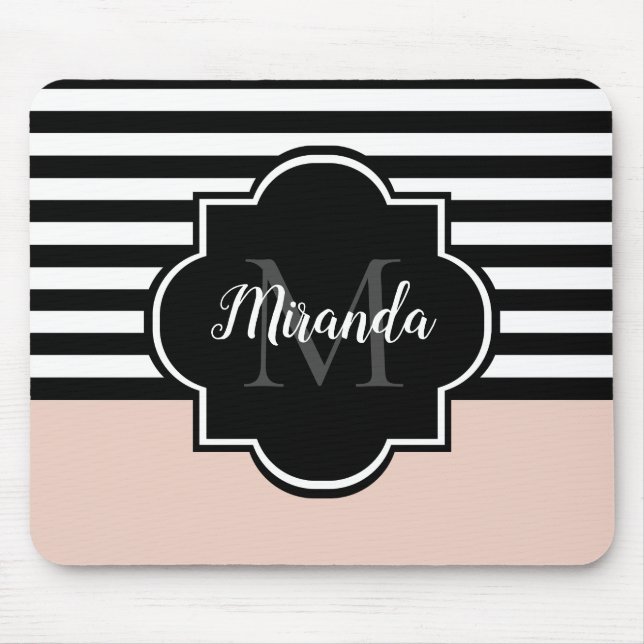 Tapis De Souris Chic rose et noir larges bandes Nom et monogramme (Devant)