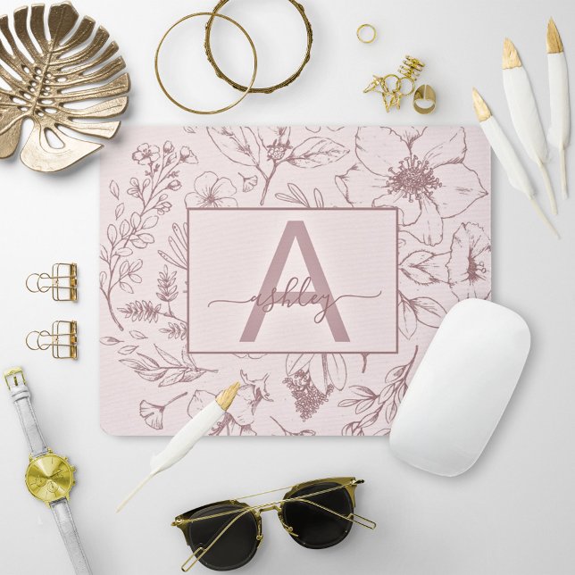 Tapis De Souris Chic Rose rose Floral Nom du script Monogramme (Créateur téléchargé)