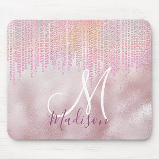 Tapis De Souris Chic rose rousse rhinestone goutte monogramme (Devant)