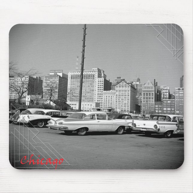 Tapis De Souris Chicago 1964 Skyline et de belles voitures Tailfin (Devant)