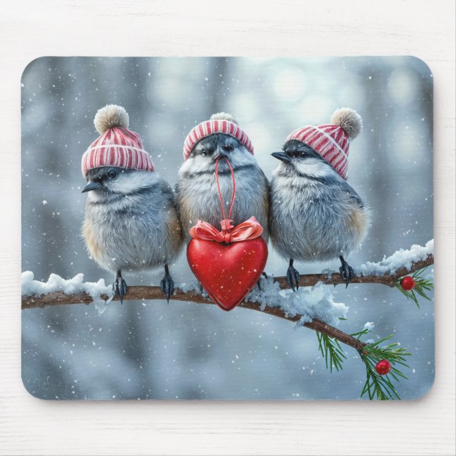 Tapis De Souris Chickadee de Noël Au Coeur Rouge (Devant)