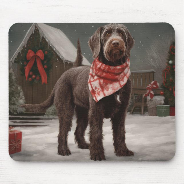 Tapis De Souris Chien à poil dur dans un Noël enneigé (Devant)