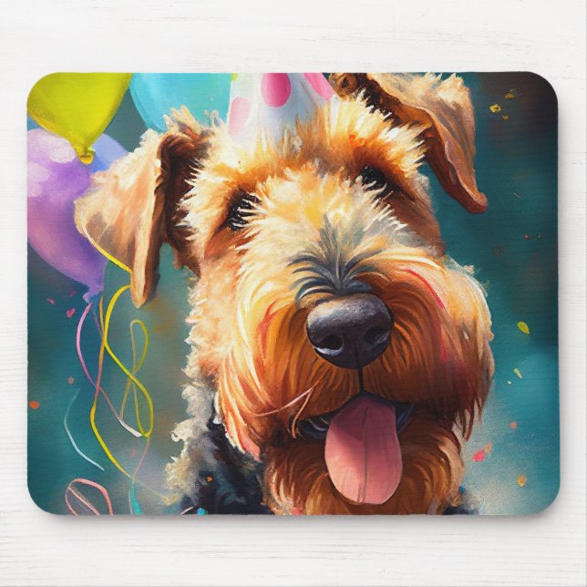 Tapis De Souris Chien Airedale avec casquette d'anniversaire et ba (Devant)