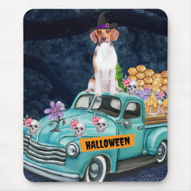 Tapis De Souris Chien beagle Halloween Camion Effrayant Nuit (Devant)