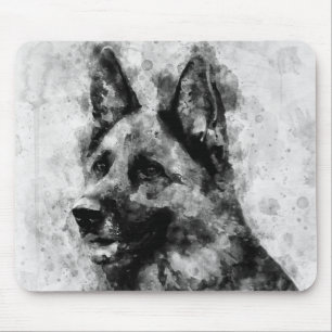 Tapis De Souris Chien berger allemand aquarelle noir et blanc 