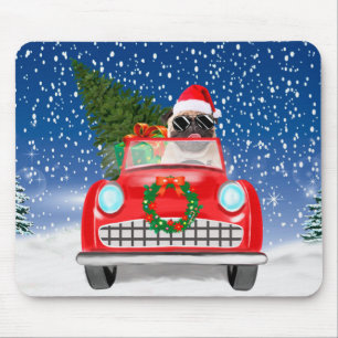 Tapis De Souris Chien Carlin Conduisant une Voiture dans la Neige
