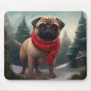 Tapis De Souris Chien Carlin dans la neige de Noël