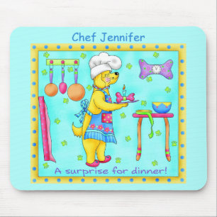 Tapis De Souris Chien Chef Cuisine Dîner Art Turquoise Nom