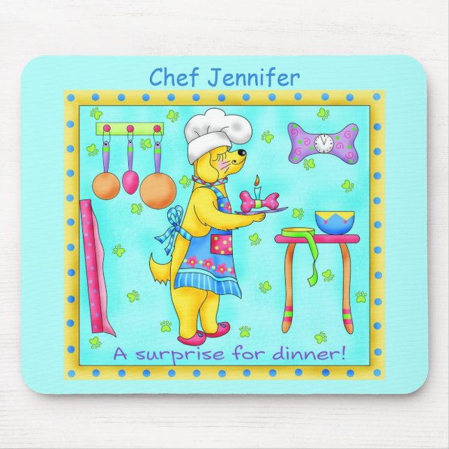 Tapis De Souris Chien Chef Cuisine Dîner Art Turquoise Nom (Devant)