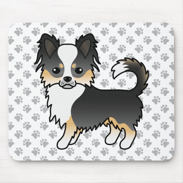 Tapis De Souris Chien Chihuahua à poil long tricolore noir & patte (Devant)