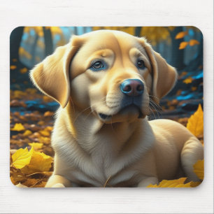 Tapis De Souris Chien chiot jouant dans les feuilles d'automne