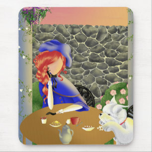 Tapis De Souris Chien & Dame dans un Café au Coucher du Soleil