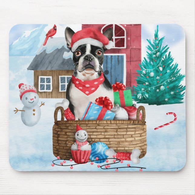 Tapis De Souris Chien de Boston Terrier dans la neige Maison de Ch (Devant)