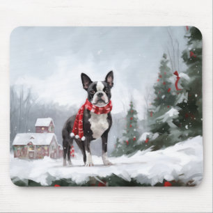 Tapis De Souris Chien de Boston Terrier pendant Noël de neige