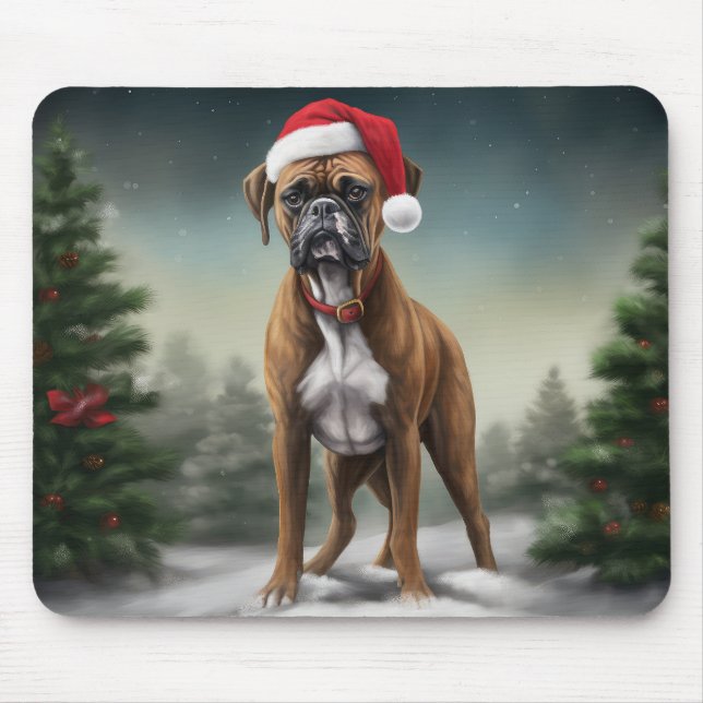 Tapis De Souris Chien de boxe en Noël de neige (Devant)