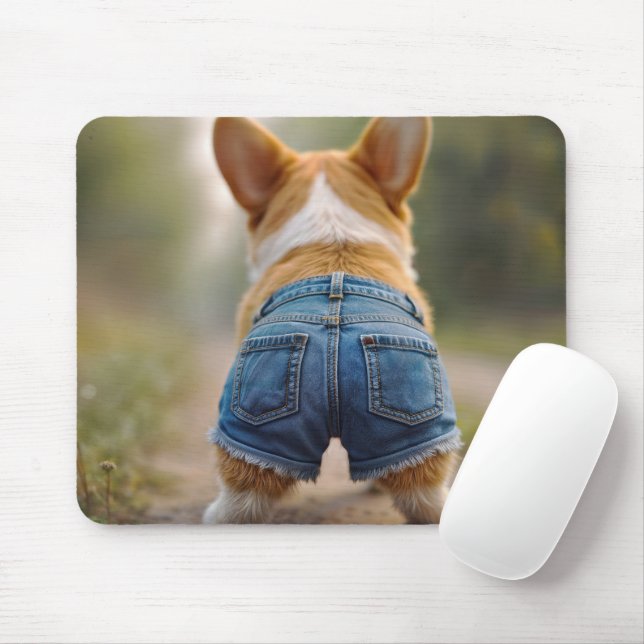 Tapis De Souris Chien de Corgi portant des shorts Denim (Avec souris)