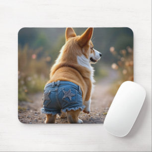Tapis De Souris Chien de Corgi portant le bleu Jean Shorts