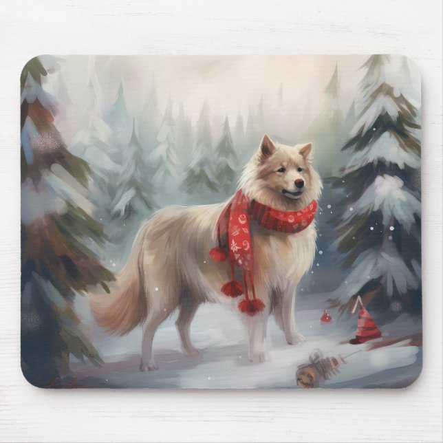 Tapis De Souris Chien de lappund finlandais à Noël de neige (Devant)