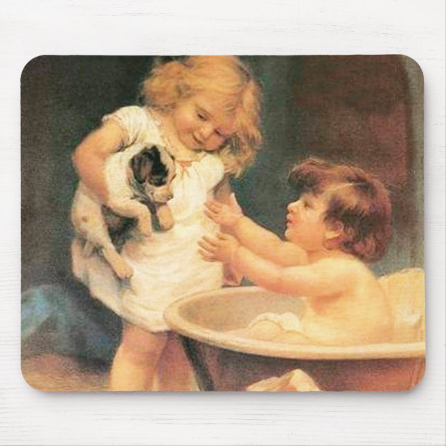 Tapis De Souris Chien de manchon prenant un bain, vintage, antique (Devant)