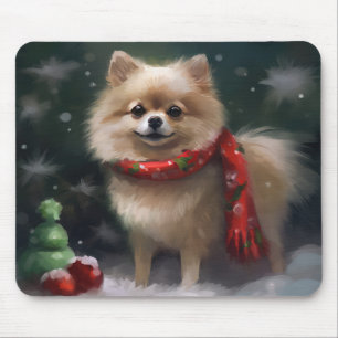Tapis De Souris Chien de Poméranie en Noël de neige