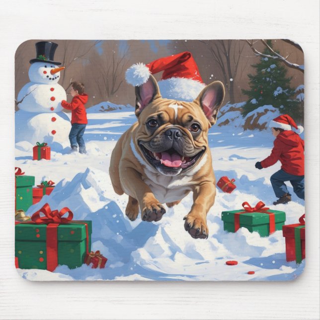 Tapis De Souris Chien de taureau français coule en neige avec Casq (Devant)