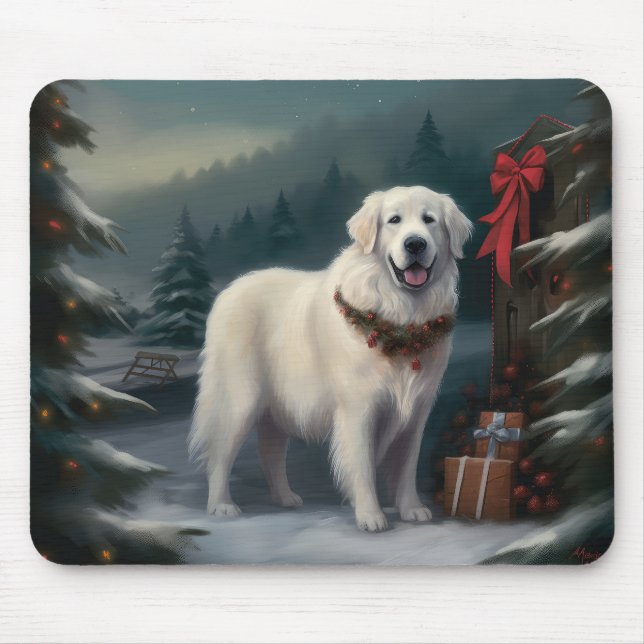 Tapis De Souris Chien des grandes Pyrénées à Noël de neige (Devant)