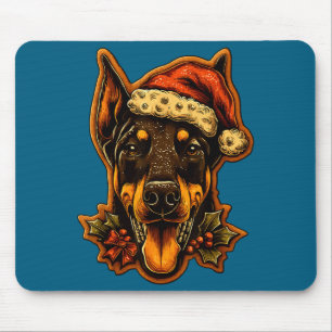 Tapis De Souris Chien Doberman de Noël avec chapeau de Père Noël B