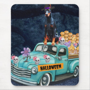 Tapis De Souris Chien Doberman Halloween Camion Nuit Effrayante