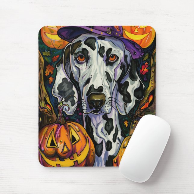 Tapis De Souris Chien éffrayant Dalmatien Halloween sorcière et Ci (Avec souris)