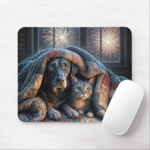 Tapis De Souris Chien et chat effrayés sous une courtepointe