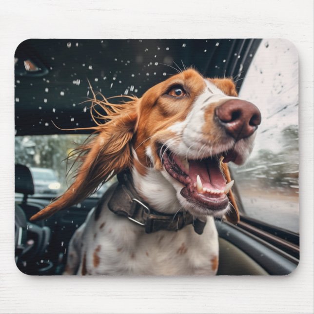 Tapis De Souris Chien excité sur Rainy Car Ride Art (Devant)